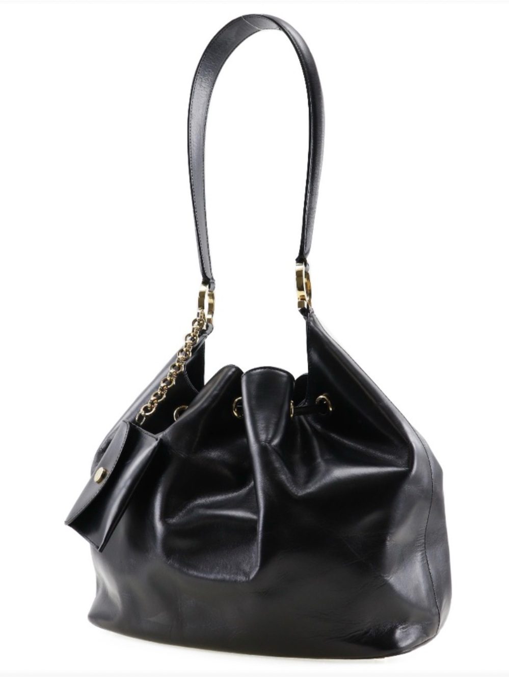 Salvatore Ferragamo Gancini Shoulder One Bag Drawstring Leather Black